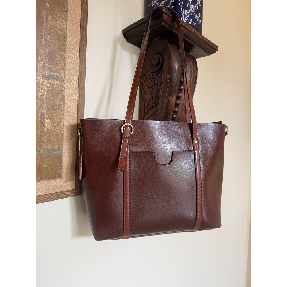 NWT Kattee Vintage Style Genuine Leather Tote Bag Cognac Brown Dark Academia